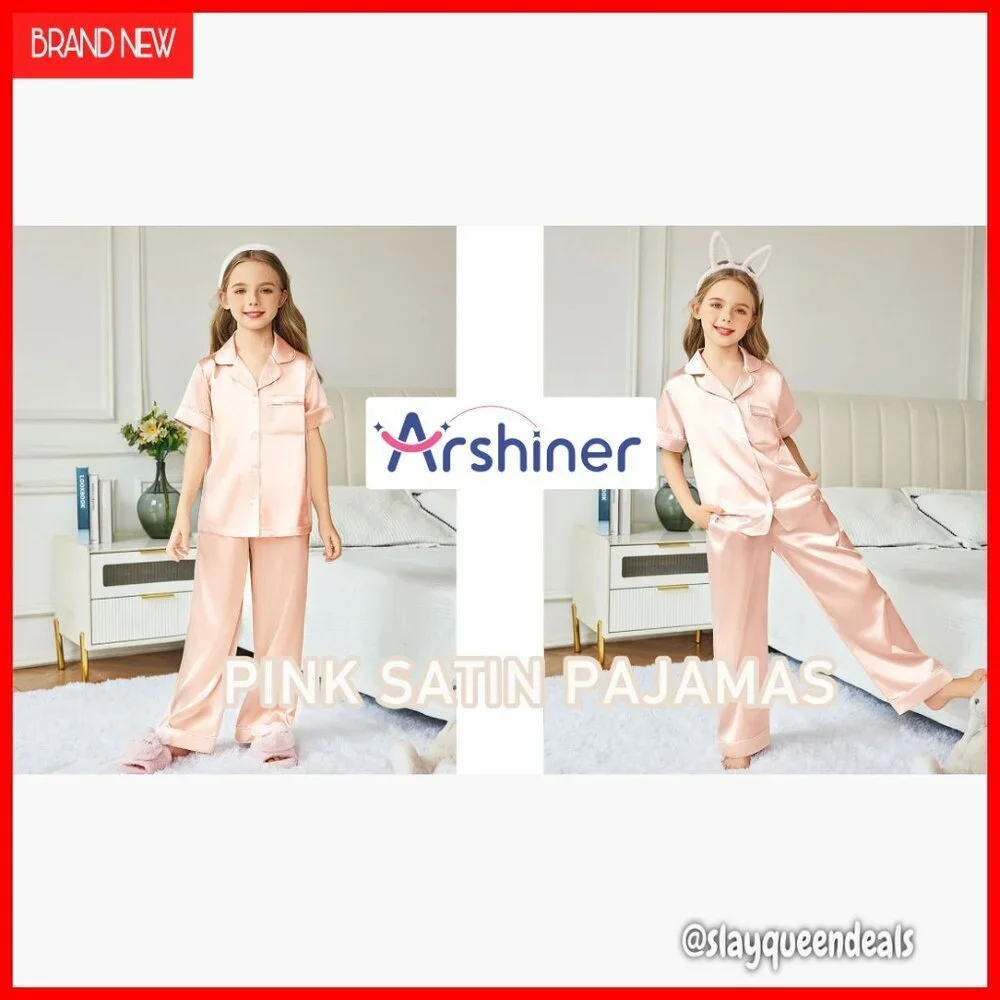 Girls Silk Satin Pajama Set Short Sleeve Button Down Sleepwear